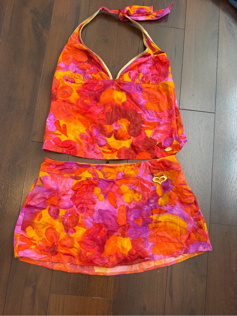 VTG St. John Swim Pink Orange Watercolor Floral Halter Tankini Set Sz 12/14